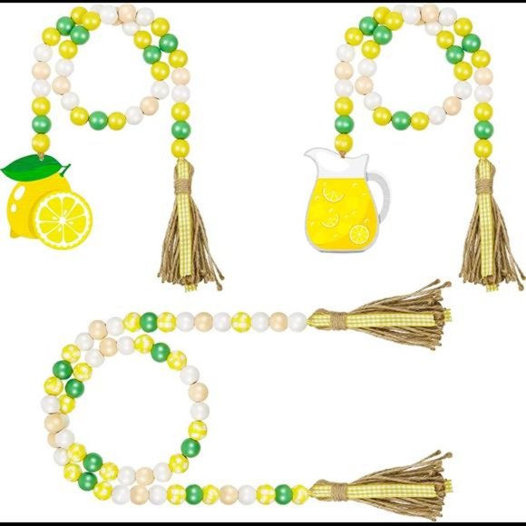 3 Pieces Lemon Wood Bead Garland with Tassel Lemonade Plaid Wood Bead